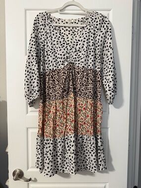 Umgee White Black Multi-Print Tiered Midi Dress